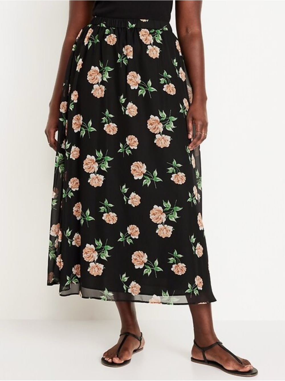 Old Navy Black Chiffon Maxi Skirt with Peach Floral Print